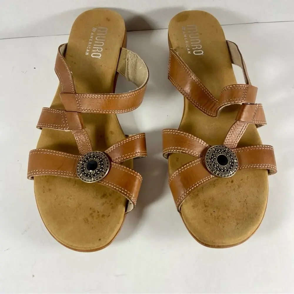 Munro‎ American Sandals Leather Wedge Medallion Brown 8.5